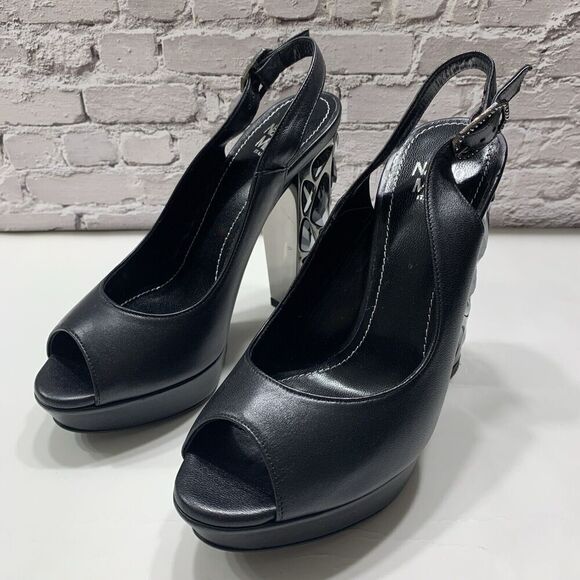 Nando Muzi Women’s Italian Leather Open Toe Jeweled Heels Pumps 36.5 Black - Picture 8 of 16